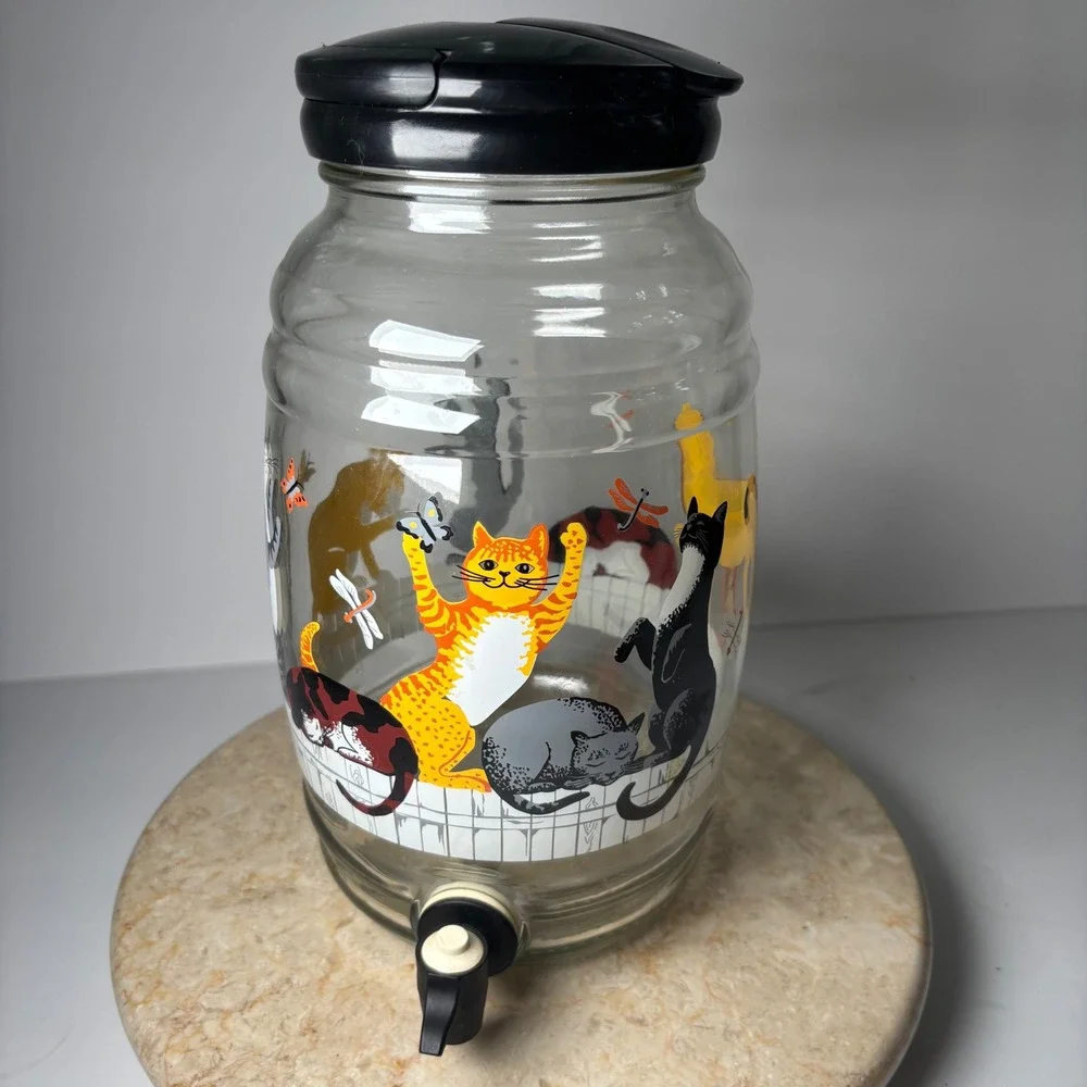 Vintage MCM Anchor Hocking Glass Cats on Fence Drink Dispenser Retro Kitsch 1 Ga